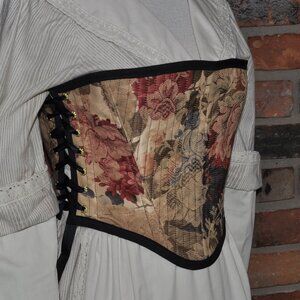 Handmade 2 sided, Lace-up, Bustier Corset, Floral Tapestry & Black Pin Stripe  M